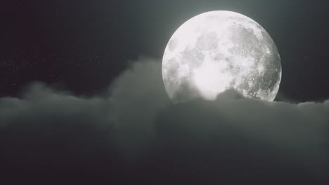 hermoso vuelo realista sobre el cúmulo nubes exuberantes a la luz de la luna de la noche. una gran luna llena brilla brillantemente en una profunda noche estrellada. escena cinematográfica. bucle sin costuras 3d render