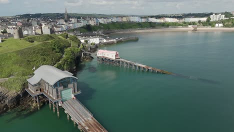 An-aerial-view-of-the-of-the-Welsh-harbour-town-of-Tenby-in-Pembrokeshire,-South-Wales,-on-a-sunny-summer-morning