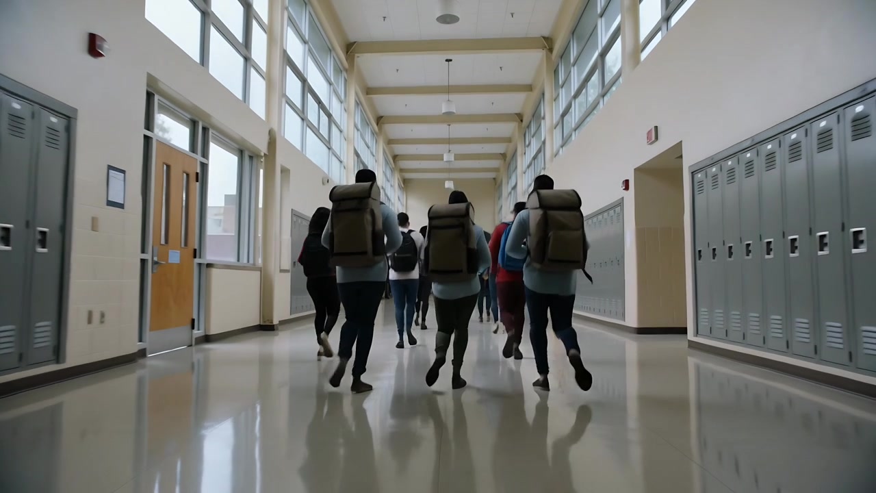 Avvio della telecamera: Tre studenti con zaini roll-top color cuoio camminano verso l'uscita in un corridoio scolastico.