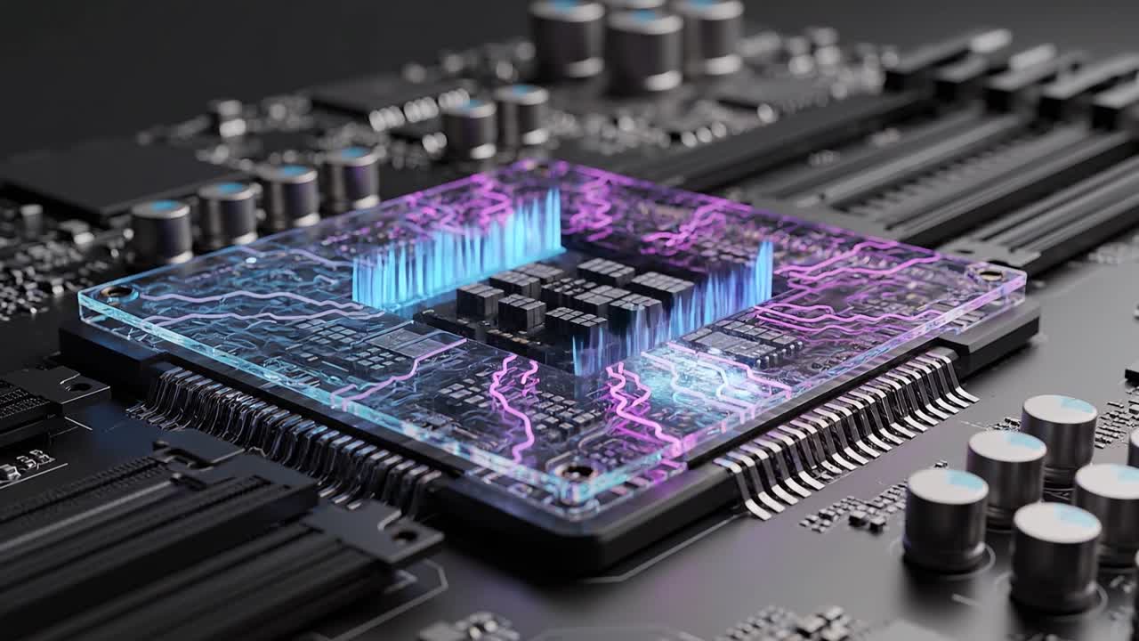 Glødende computerprocessor på bundkort med digital datastrøm