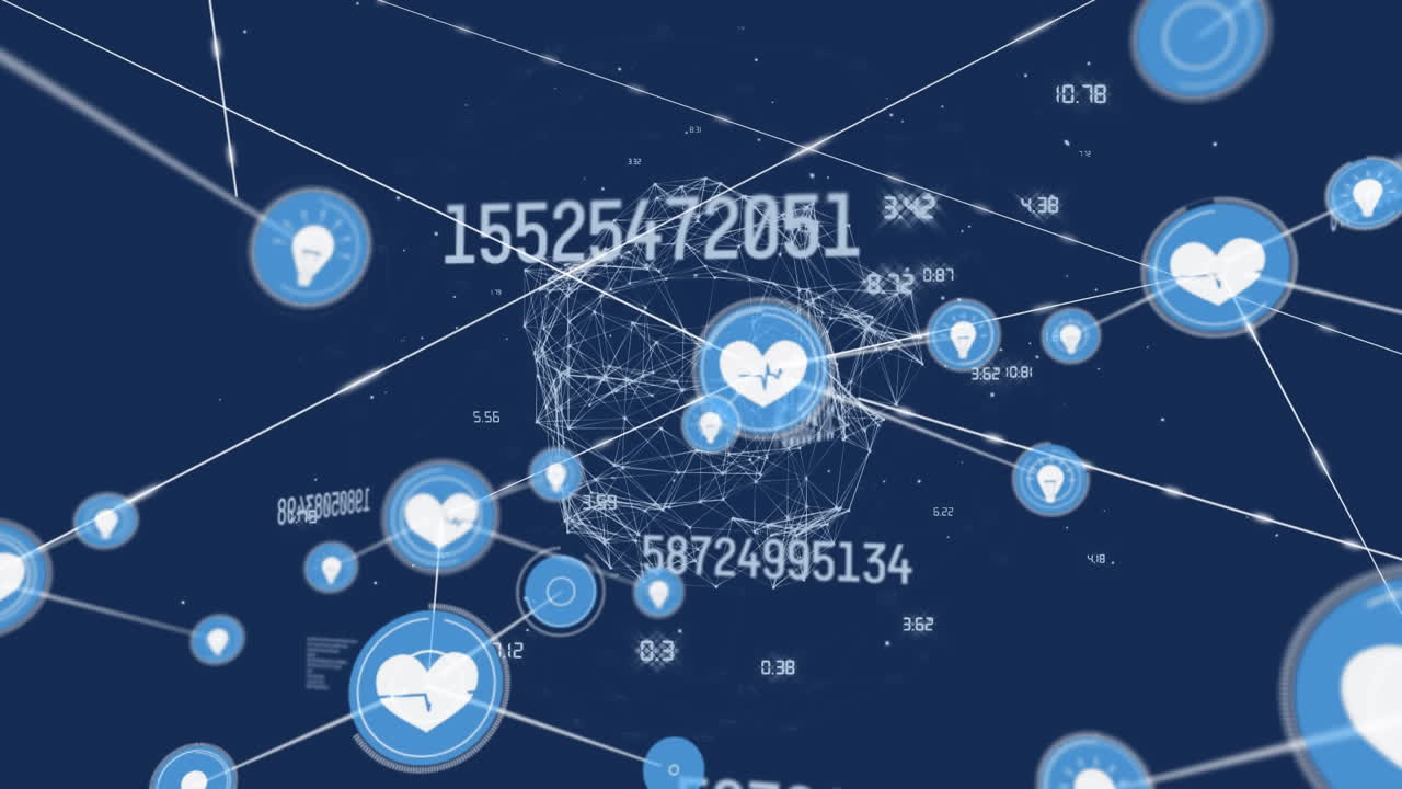 디지털 아이콘과 숫자가 바뀌는 글로브로 연결된 네트워크의 애니메이션