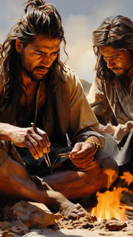 men crafting tools near a fire in a rugged landscape during the day