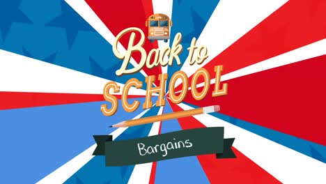 Animation-of-back-to-school-bargains-text-logo-over-rotating-radiating-red,-white-and-blue-lines