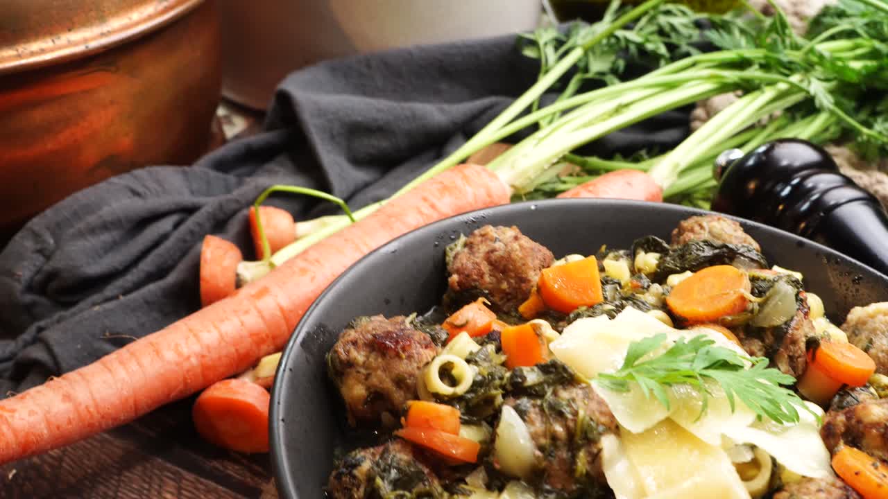 Italian Wedding Soup in a black bowl on a wooden cutting board, close up and panning across the meal. Surrounded by carrots, onions, vintage tea kettle and a pepper mill or grinder. Soup for dinner.