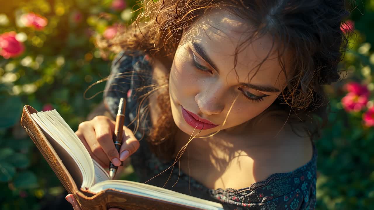 Writing Latina woman in floral top pausing as breeze brushing hair in garden, holding journal