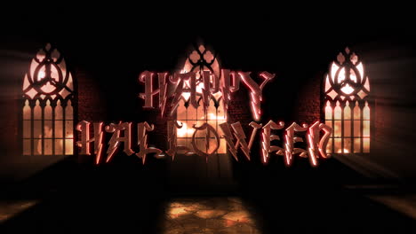 happy halloween and mystical horror background with dark hall of castle