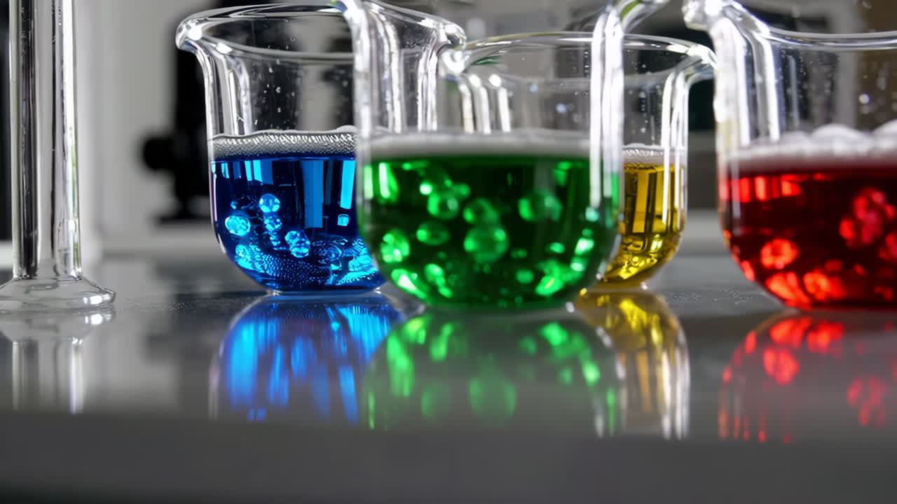 Colorful Chemical Solutions in Beakers