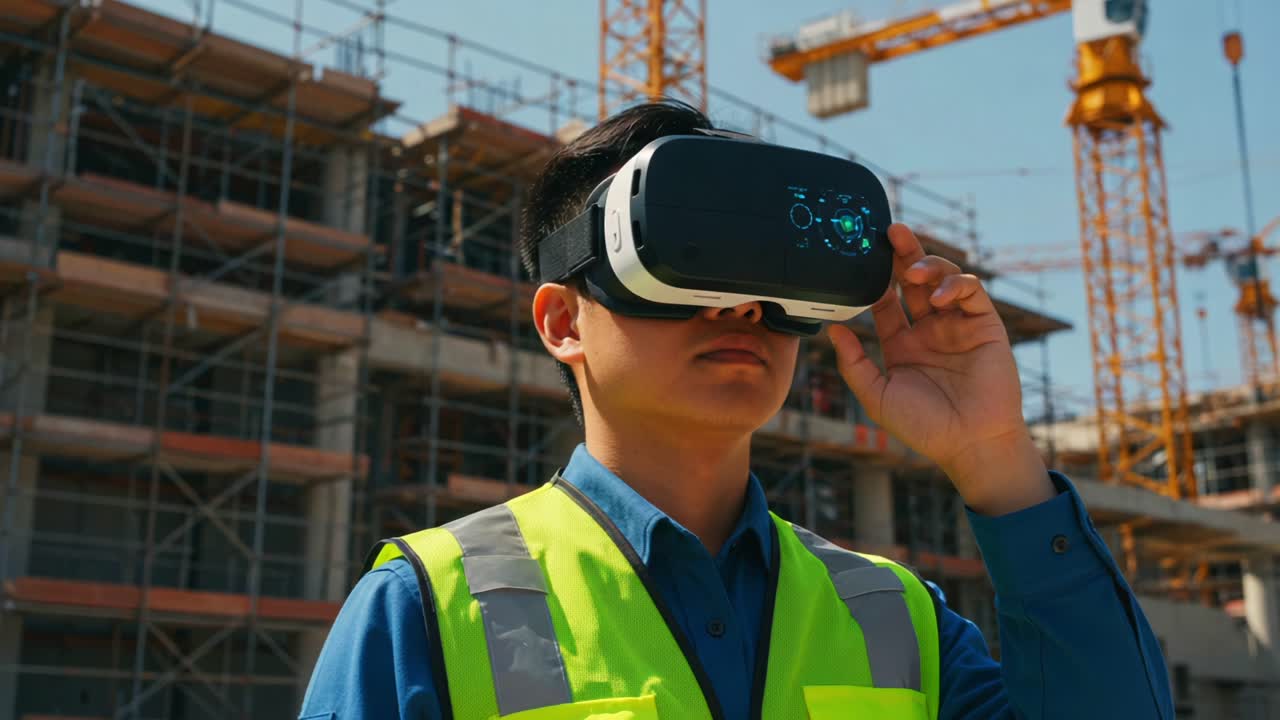 Innovative Technology in Construction: A Worker Engages with Virtual Reality for Enhanced Safety and Efficiency on a Building Site Amidst Ongoing Structural Development