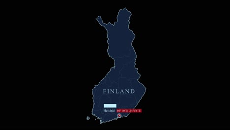 Stylized-Finland-map-with-Helsinki-capital-city-and-geographic-coordinates-on-black-background