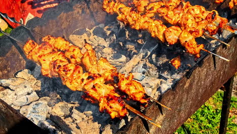a few juicy meat sticks sizzle on a big outdoor bbq grill under bright sunlight