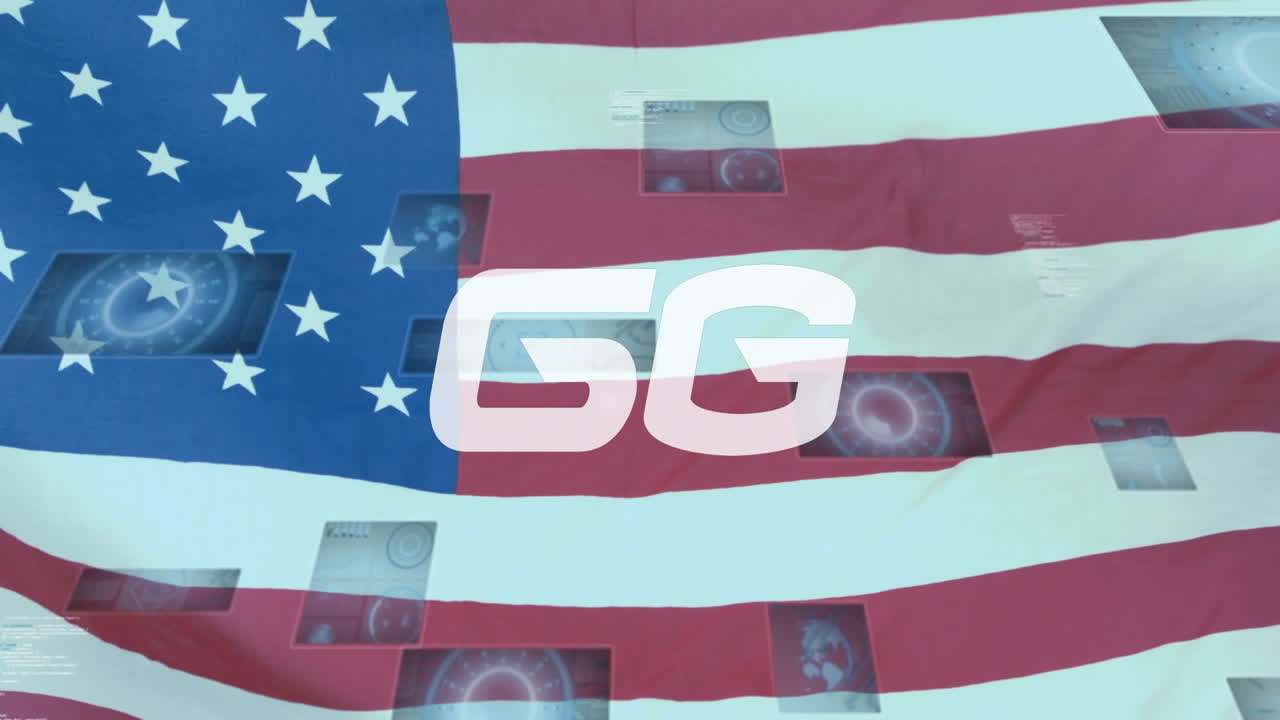 Animation of 6g text, data processing and scopes scanning on screens over american flag