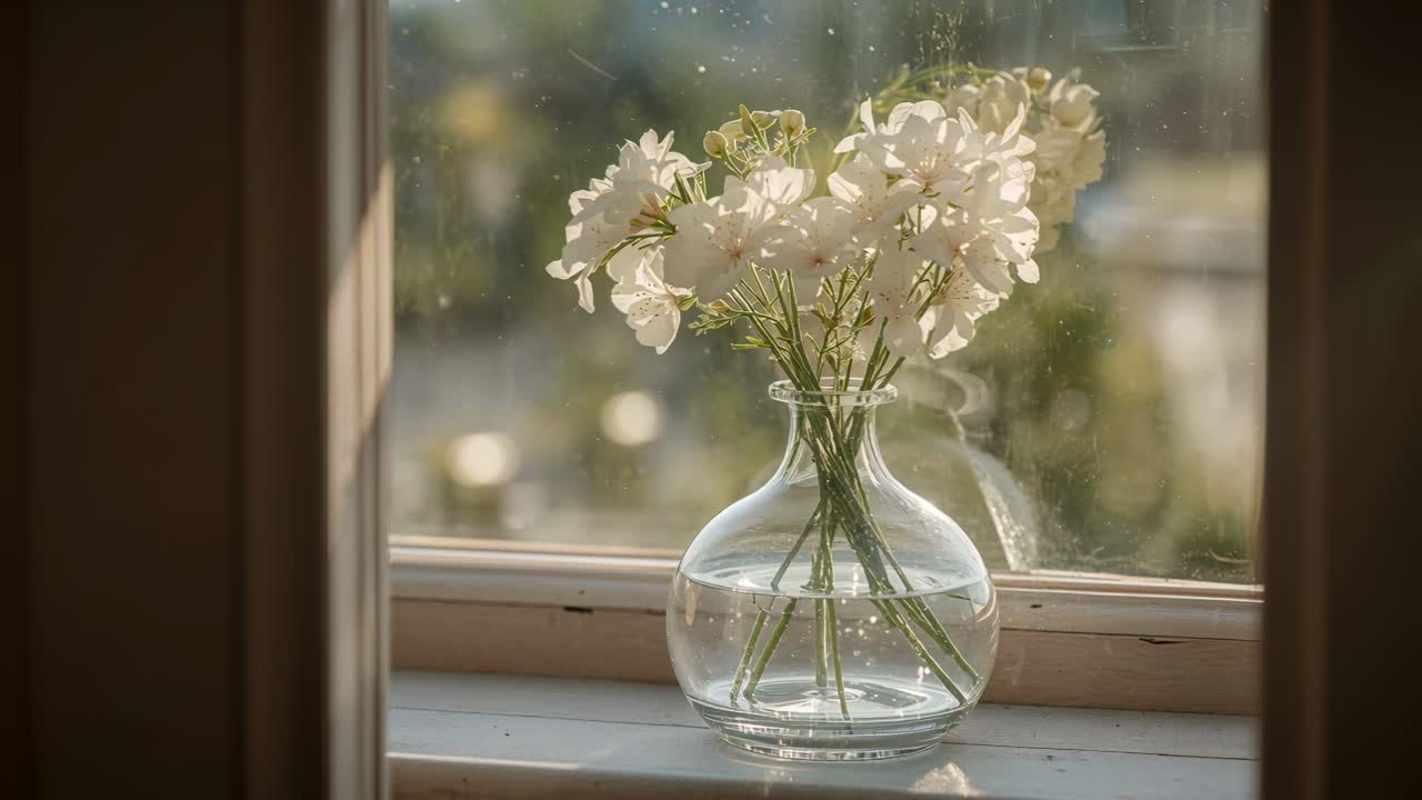 Shifting sunlight moving glass vase holding white flowers on windowsill at home, revealing bubbles