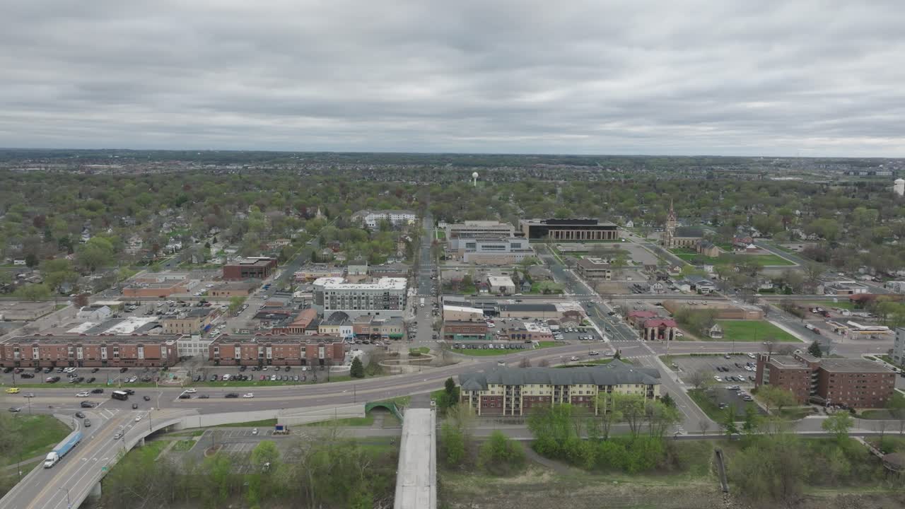 Downtown Shakopee With Scott County Government Center In Minnesota, USA. - aerial shot