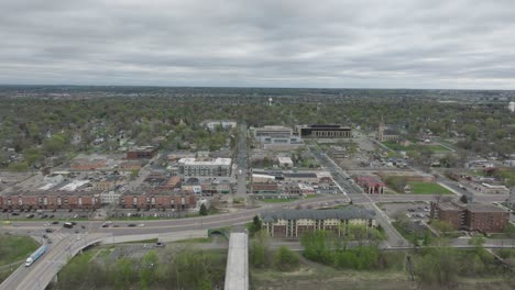downtown shakopee with scott county government center in minnesota, usa. - aerial shot