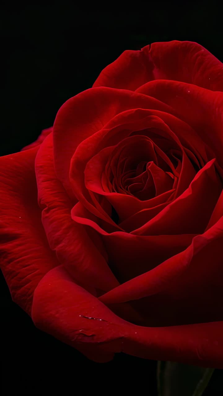 Video verticale: cambio di messa a fuoco, camera da studio che rivela una rosa rossa, petali a strati, goccioline e stelo