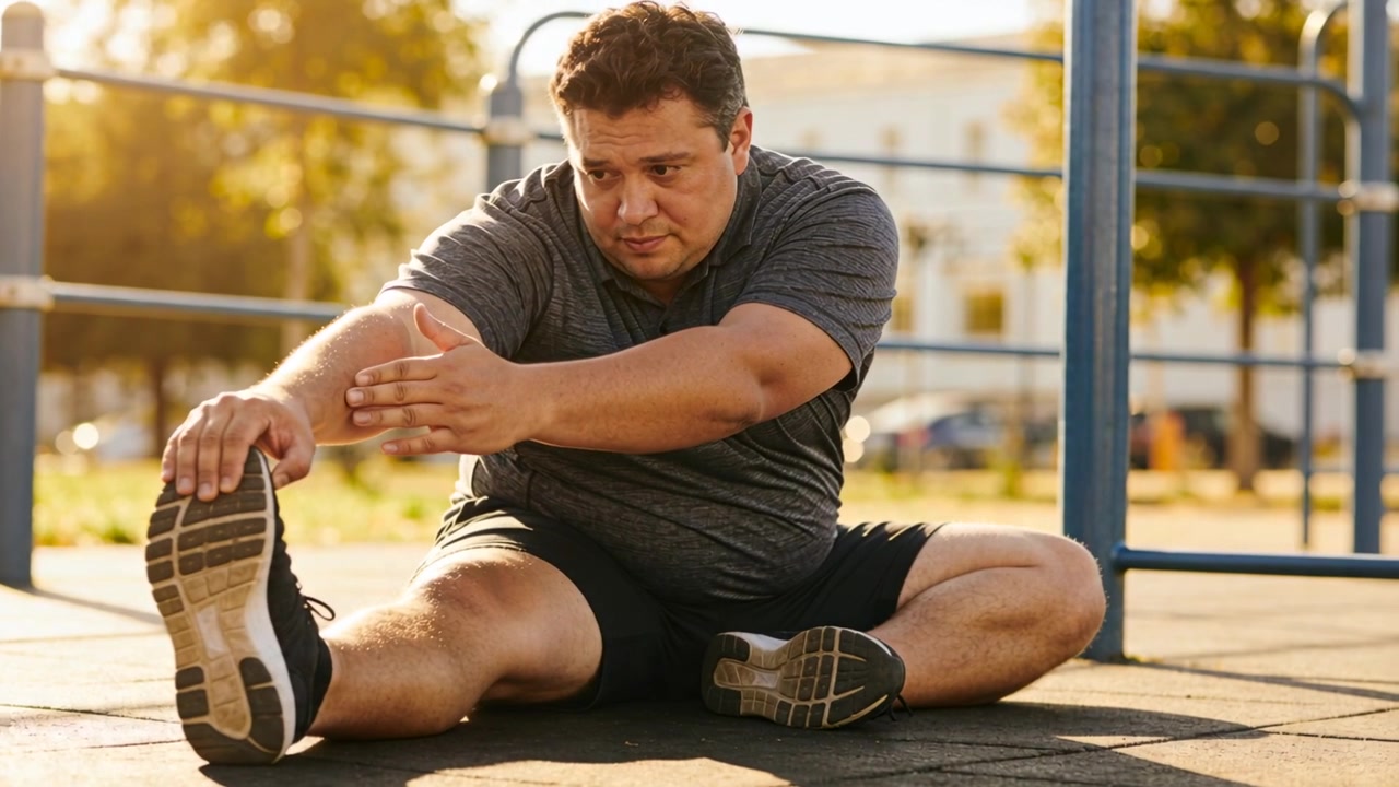 Starting seated, man reaching left shoe, stretching at park calisthenics area, warming up in polo
