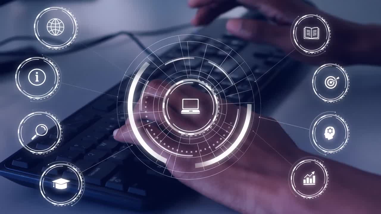 animación de iconos educativos que caen sobre una persona que usa una computadora portátil