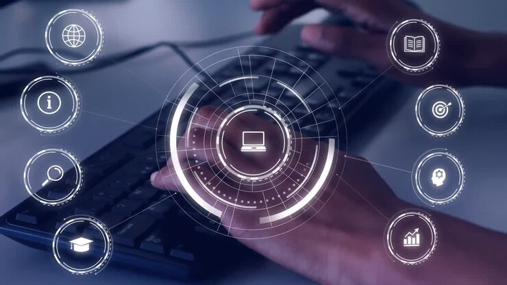 Animation of falling education icons over person using laptop