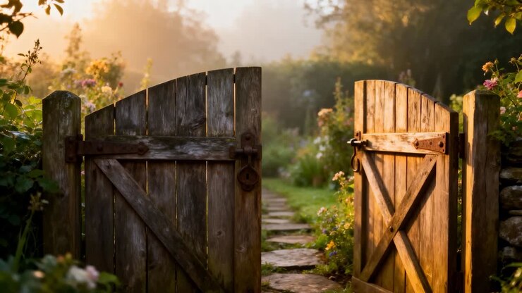 Swinging wooden gate closing then opening at garden entrance, revealing iron latch, stone path