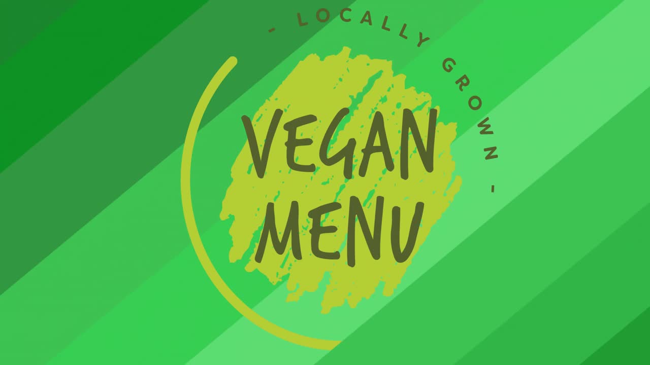 지역적으로 재배 된 채식주의 메뉴 텍스트의 애니메이션 녹색, 녹색 대각선 줄무 위에