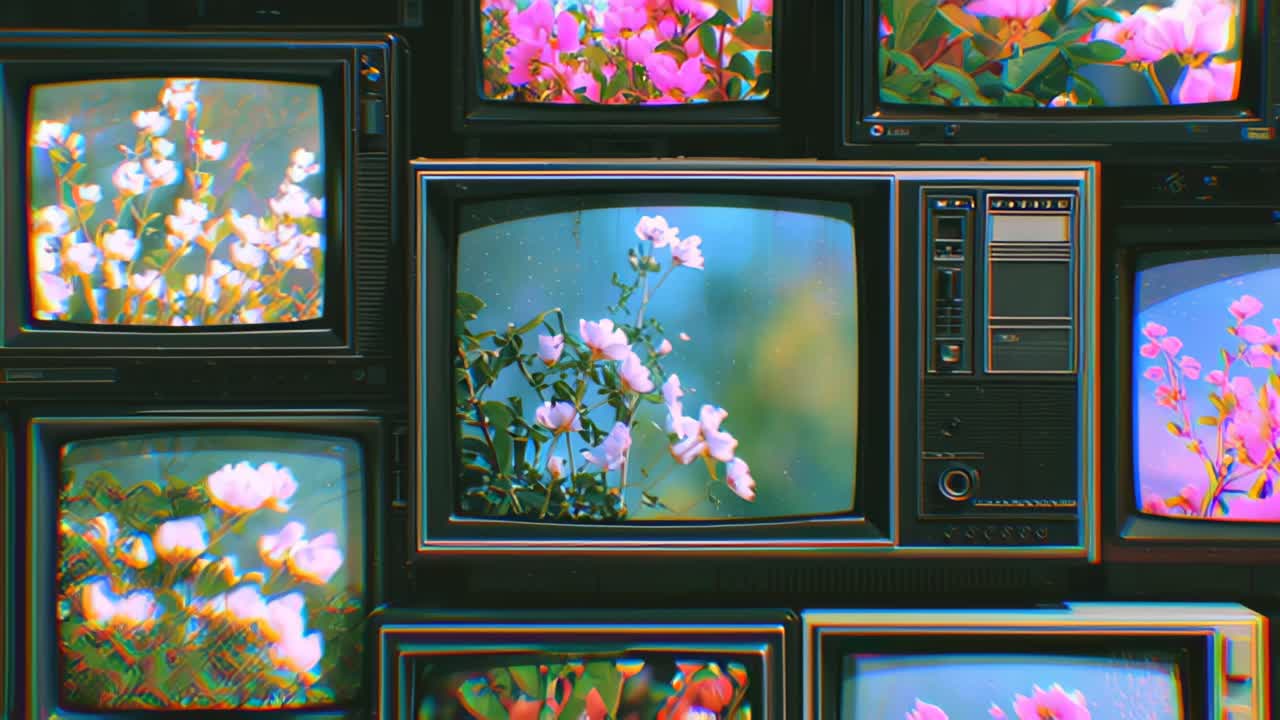 Filmato di televisori CRT vintage impilati che mostrano fiori colorati in fiore, con aberrazione cromatica in stile VHS e rumore delle linee di scansione, ideale per effetti visivi multimediali retrò.