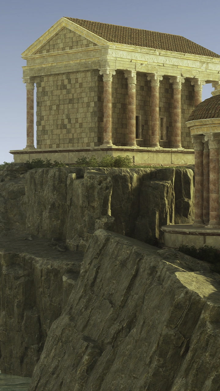 Exploring ancient ruins on a rocky cliff under a serene sky in daylight
