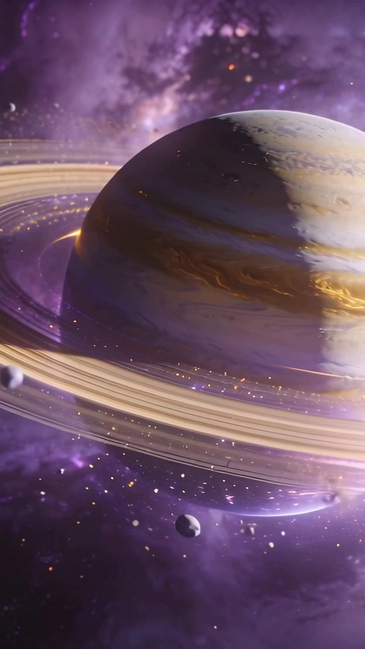 Vertical video: Orbiting probe showing ringed world with rings near purple nebula to study moons