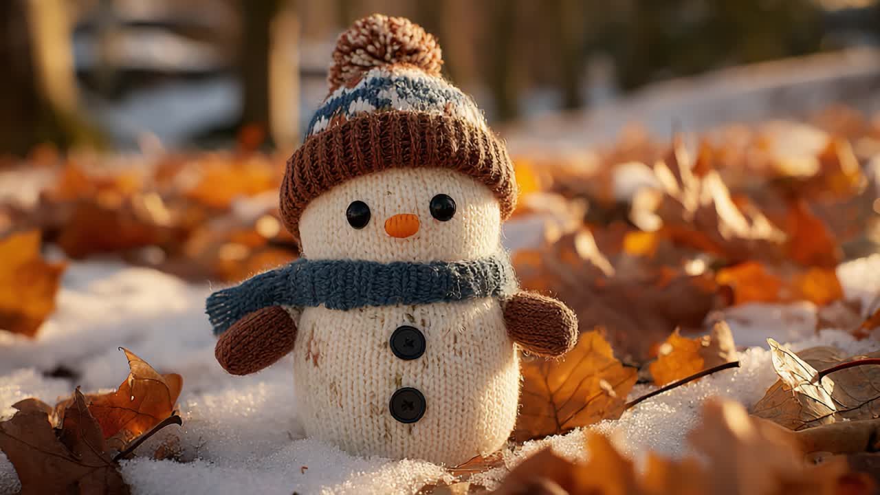 Charming Snowman Surrounded by Autumn Leaves: A Delightful Winter Scene Capturing a Whimsical Knitted Snowman Smiling Amidst Natural Beauty