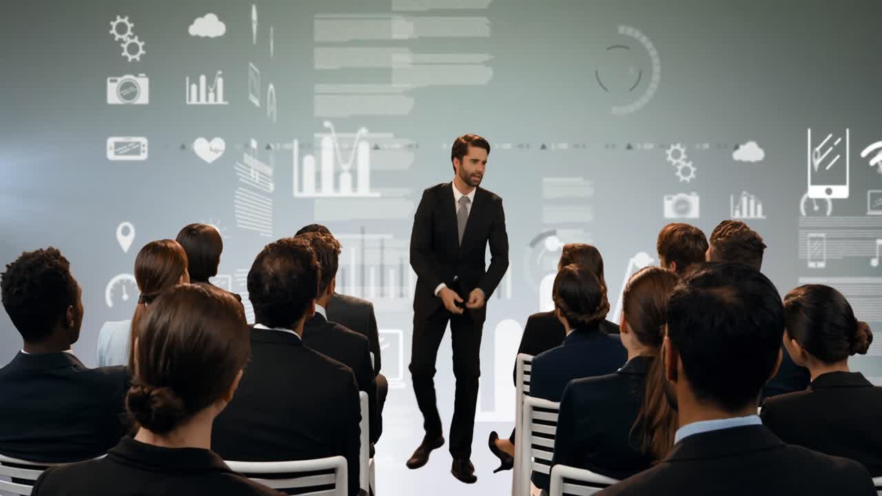 재무 데이터 처리의 애니메이션 비즈니스맨이 청중에게 프레젠테이션을 하는 것