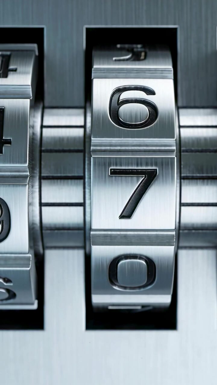 Vertical video: Engaging mechanism, lock rings rotating on brushed panel, revealing numerals