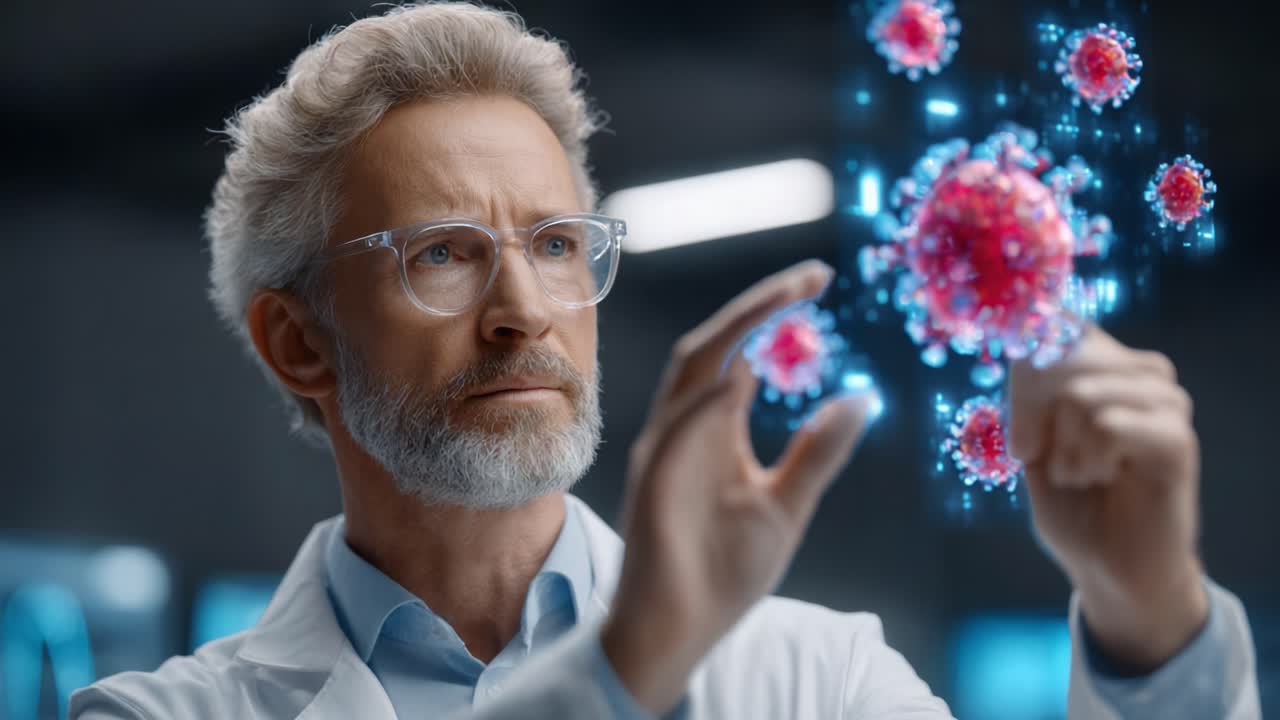 Uno scienziato concentrato esamina le rappresentazioni digitali di strutture virali, esplorando dettagli intricati e comprendendone le complessità in un ambiente di laboratorio high-tech.