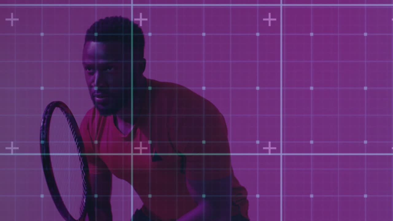 Start showing male tennis athlete holding racket shifting stance for backhand as pulsing grid