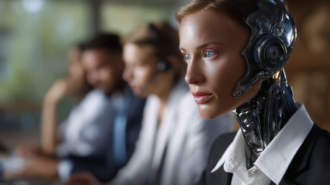 A Highly Advanced Humanoid Robot with Futuristic Features Engaged in a Professional Setting, Surrounded by Human Colleagues in a Modern Office Environment