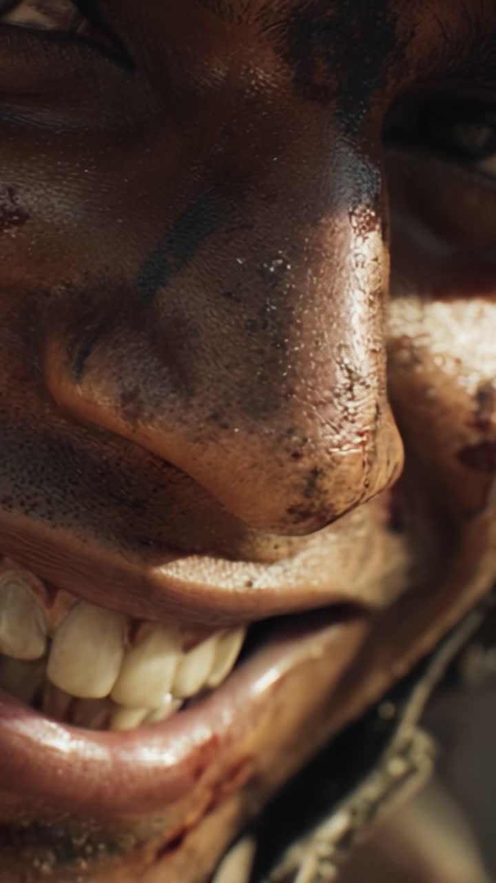 Un ritratto ravvicinato di una persona sorridente con tratti distintivi e segni, che cattura emozioni di gioia e resilienza in un ambiente difficile.