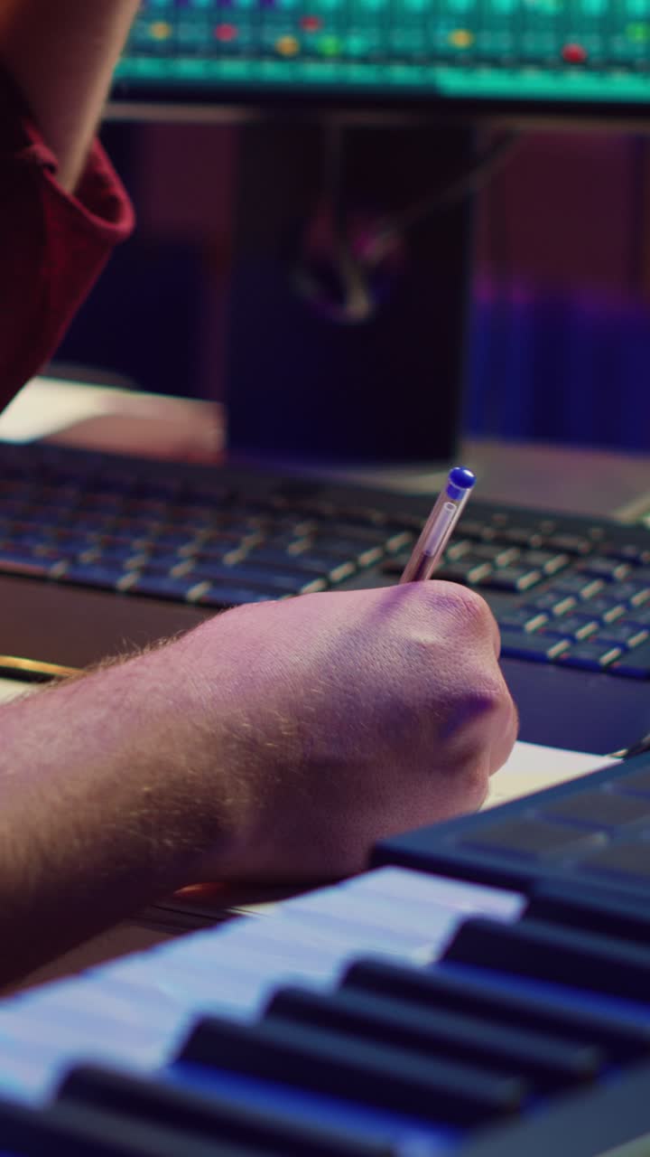 Primer plano de una mano escribiendo notas en un estudio de producción musical