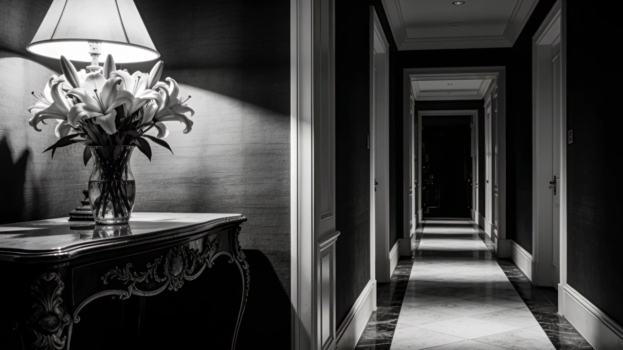 Telecamera che cattura i giochi di luce, lampada da tavolo che illumina la sala con gigli, marmo, spazio per il testo