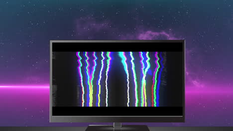 animation of glowing wow text over television screen with glowing purple background