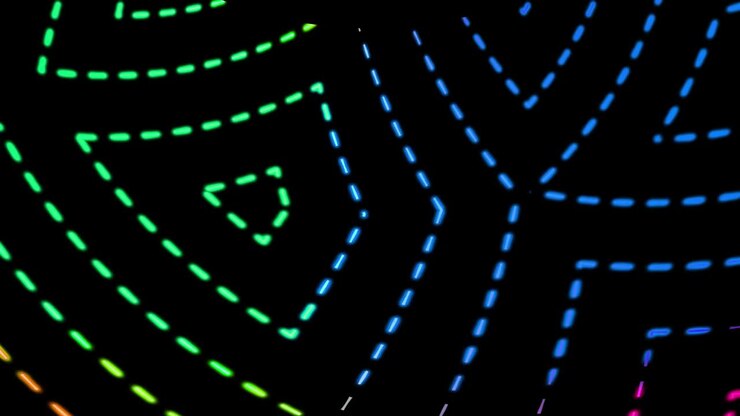 Sfondo animato con linee tratteggiate ondulate e colorate. Linea geometrica astratta, colorata e luminosa al neon.