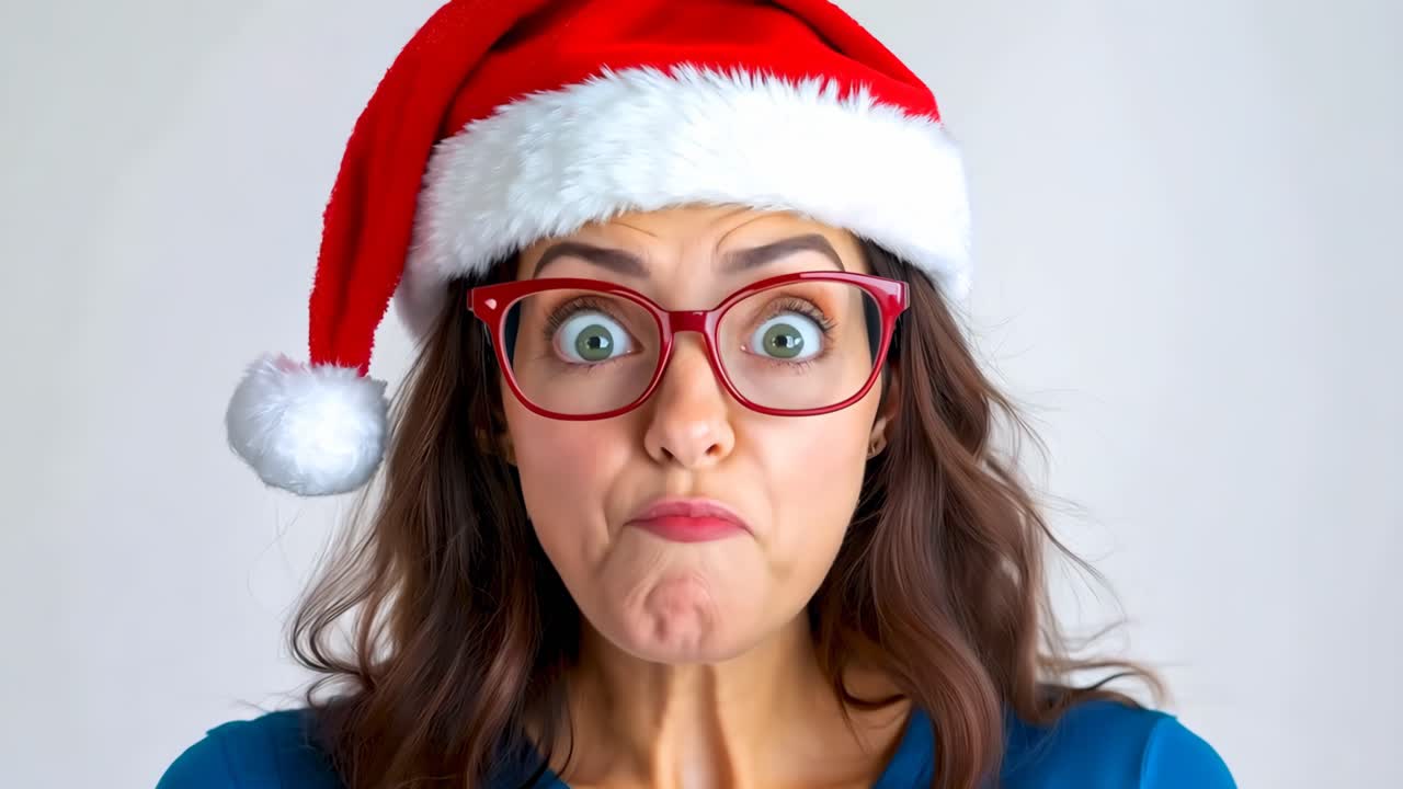 A woman wearing a santa hat and glasses with her mouth open