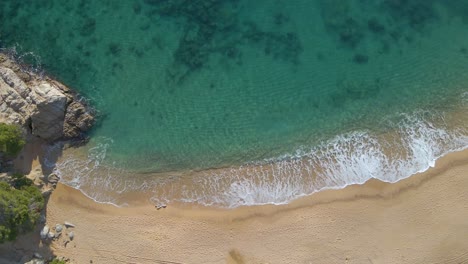 Luftbild-Mit-Drohne-Von-Lloret-De-Mar-Unberührter-Strand-Mit-Grüner-Vegetation-Im-Mittelmeer-Türkisfarbenes-Wasser-Draufsicht-Lloret-De-Mar-Kleine-Wellen