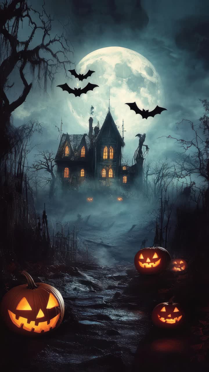 Spettrale scena di Halloween con vista dal basso di una casa infestata, zucche luminose e pipistrelli in volo
