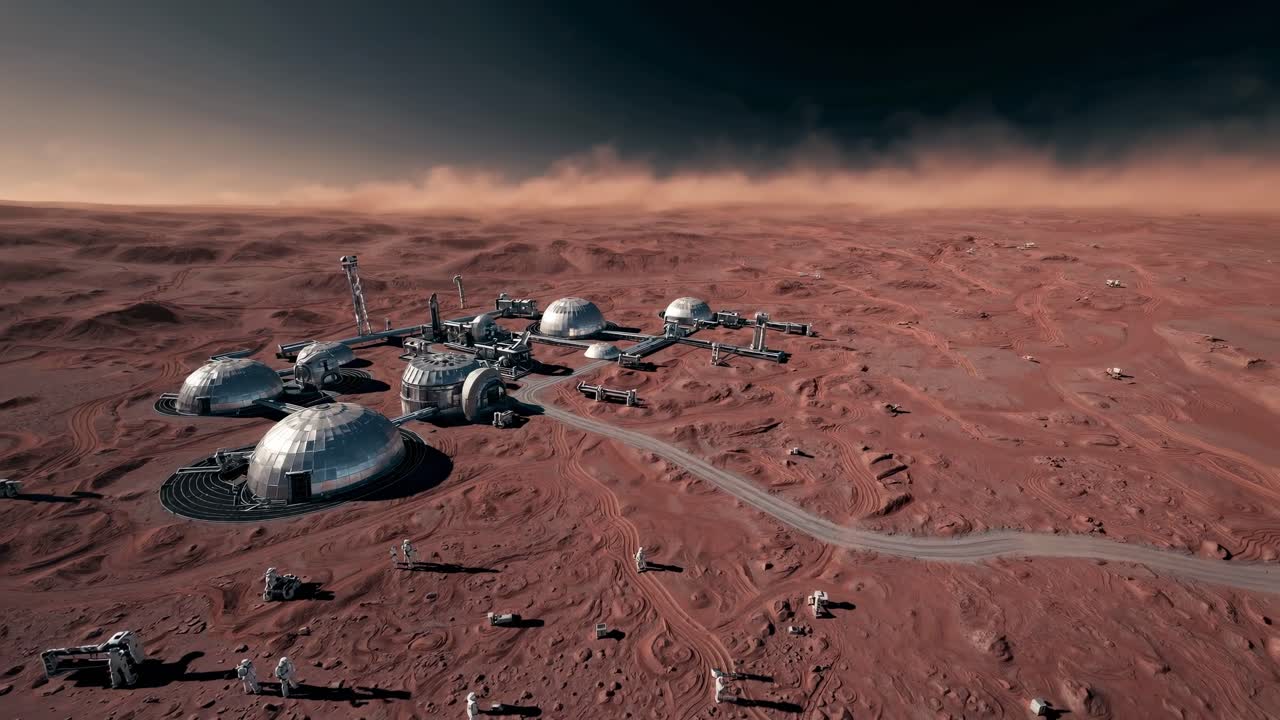 Futuristisk Mars-koloni sett fra høy vinkel, som viser kuppelformede strukturer på en rød ørken