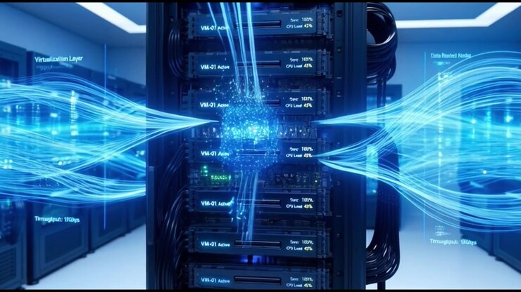Data Center Server Rack with Animated Digital Information Flow