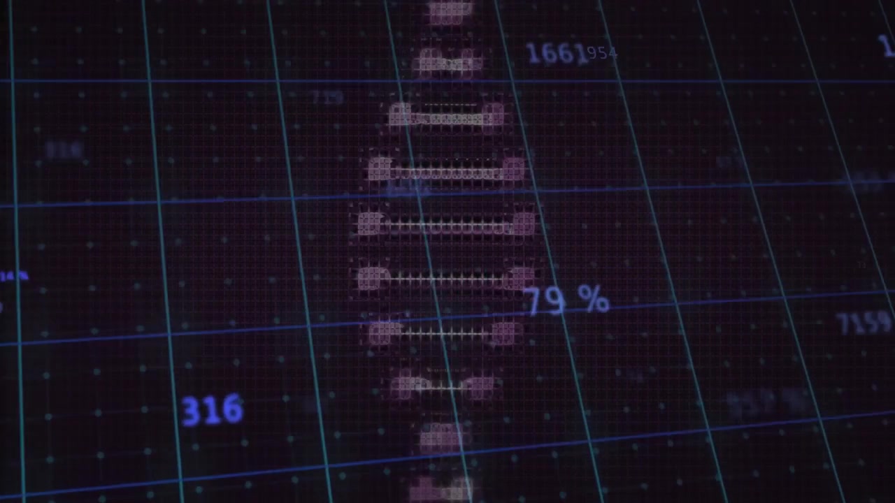 Upon opening dark grid display, pixel helix extending rotating showing labels visualizing data flow