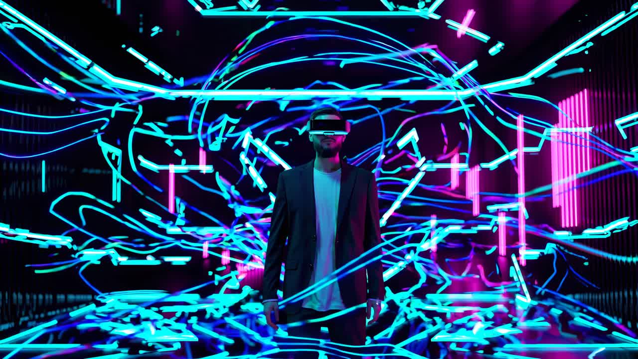 hombre con auriculares vr en un entorno iluminado por neón