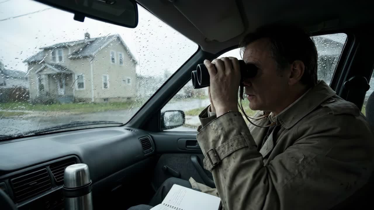 Mann mit Fernglas im Auto, der ein Haus beobachtet