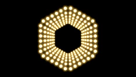 caja de bombilla incandescente de túnel marco de forma hexagonal remolino girar patrón en movimiento, retro 3d estilo virtual ilustración brillo en fondo oscuro animación de bucle sin costuras 4k, con espacio de copia