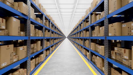 beautiful huge light warehouse with parcels on endless metal shelf. moving through the large storage room with cardboard boxes looped 3d animation. logistics concept.