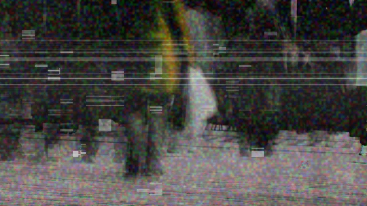 People walking fast with horizontal lines in the foreground