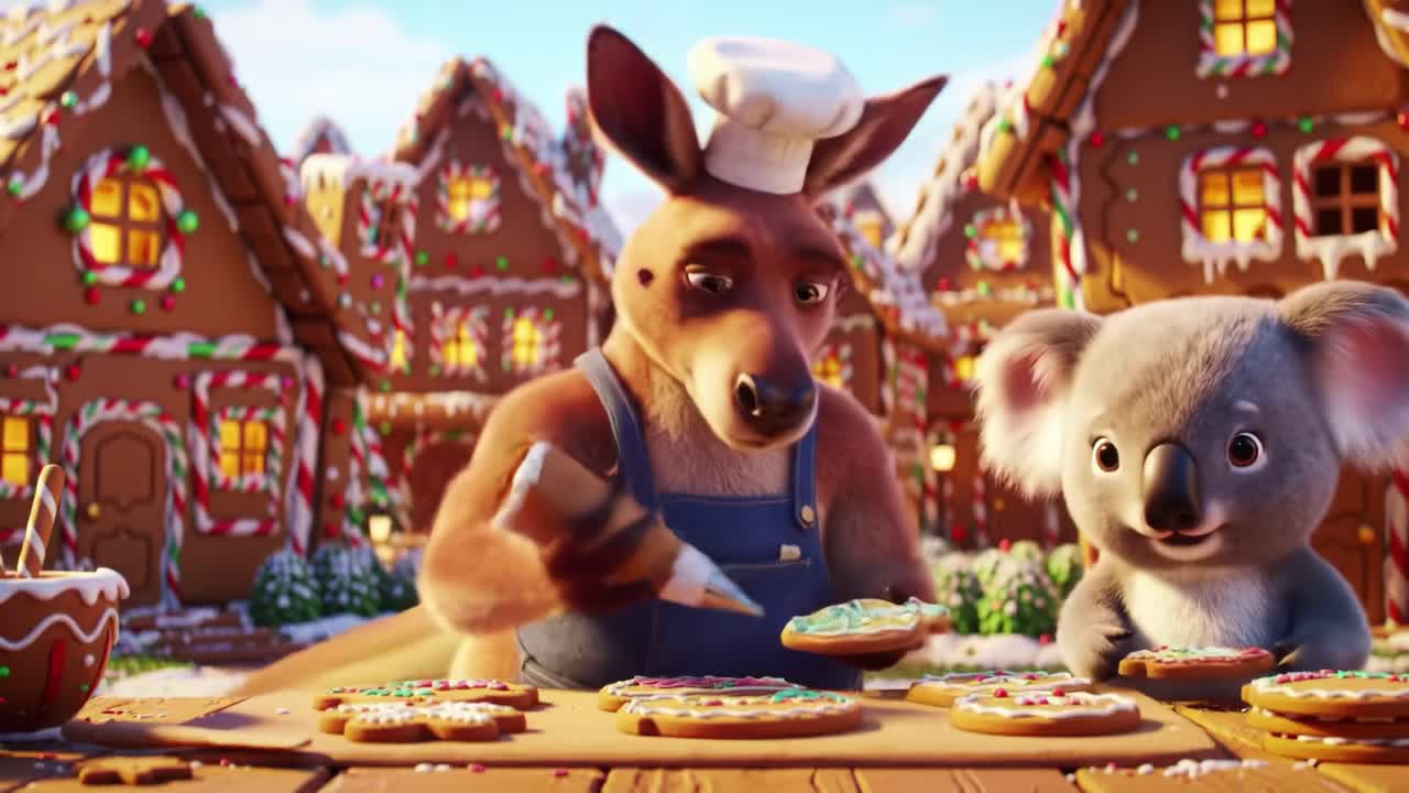 In a whimsical gingerbread village, a chef kangaroo and a cheerful koala delight in decorating festive cookies, showcasing their creativity and holiday spirit